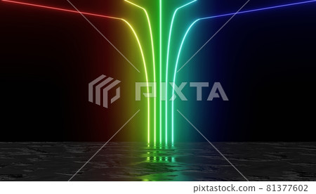 3d render of RGB neon light on darkness background. Abstract Laser lines show at night. Ultraviolet spectrum beam scene 81377602