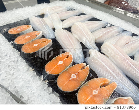 Tesco Lotus,THAILAND- August 25, 2021 : Variety of fresh meat, Fresh fish and seafood are placed in trays or on crushed ice, Fresh food products in famous department stores. Food in the mall. 81378900