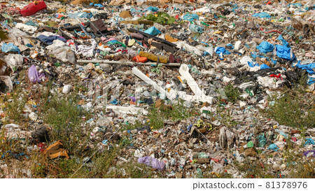 Various stuff discarded on landfill, grass growing around. No logos / trademarks visible on dumped garbage 81378976