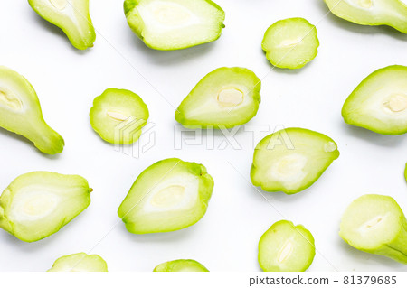 Fresh chayote fruit on white background. Fresh chayote fruit on white background. 81379685