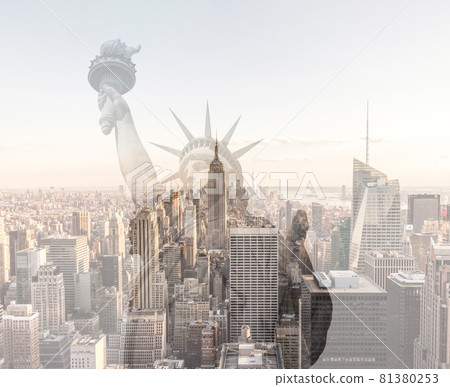 Double exposure of Manhattan skyline in new york city with statue of liberty silhouette 81380253