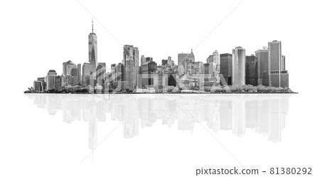 Black and white skyline panorama of downtown Financial District and the Lower Manhattan in New York City, USA. isolated on background with reflection 81380292