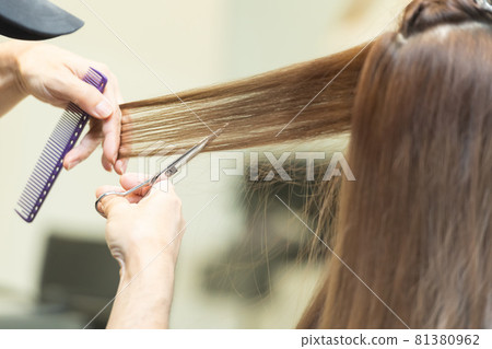 Hands of a stylist who cuts women's hair at a hair salon 81380962