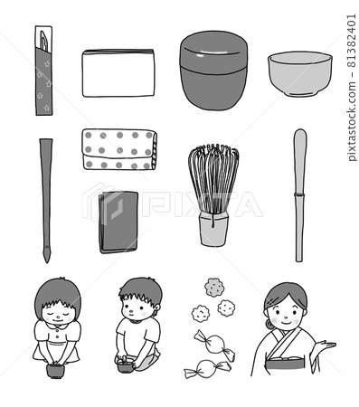 帶兒童練習茶具的單色線描幹糖套裝 81382401