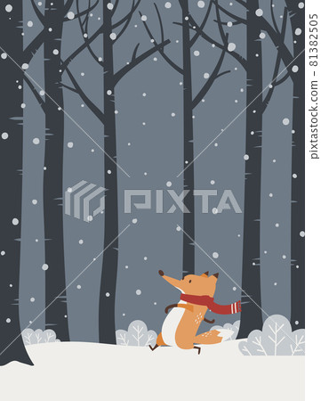 一個狐狸角色，有著雪白的冬夜森林和紅色的消聲器 81382505