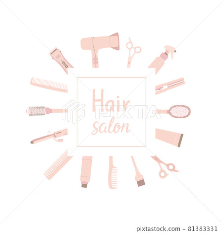 Square border frame with beige hairdressing tools around. Vector illustration with accessories for a hair salon with copy space design and logo. Square border frame with beige hairdressing tools around. Vector illustration with accessories for a hair salon with copy space design and logo. 81383331