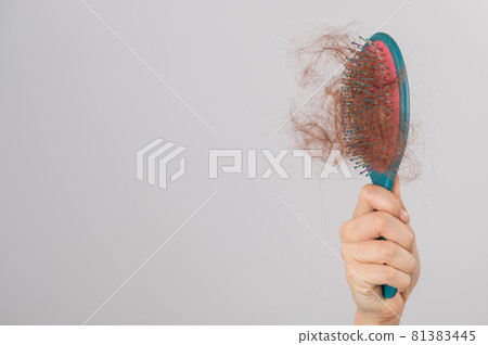 Close-up of a female hand holding a comb with a bun of hair on a white background. Hair loss and female alopecia Close-up of a female hand holding a comb with a bun of hair on a white background. Hair loss and female alopecia 81383445