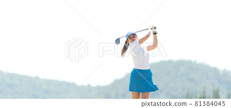 Golfer sport course golf ball fairway. People lifestyle woman playing game golf and swing golf ball Golfer sport course golf ball fairway. People lifestyle woman playing game golf and swing golf ball 81384045