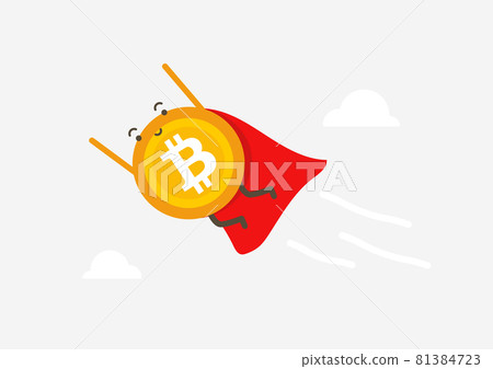 Bitcoin superhero flies through the clouds. Cryptocurrency cartoon concept. 81384723