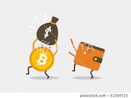 Bitcoin stole money from wallet. Cryptocurrency cartoon concept. Bitcoin stole money from wallet. Cryptocurrency cartoon concept. 81384725