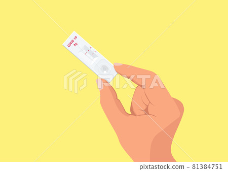 Hand holding Rapid kits of Covid-19 Ag test or ATK on yellow background. 81384751