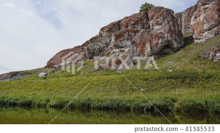 South Ural mountains with a river. The nature of the South Urals in Russia. 81385533