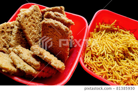 Tea and snacks with sweets for guests 81385930