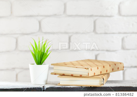 House plants in pots on white table at white brick wall with objects 81386482