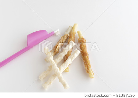 白色背景中的狗牙膠和牙刷 81387150