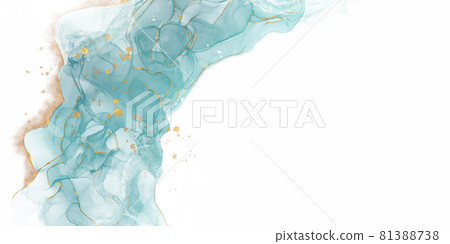 Alcohol ink art abstract background) Luxury green dynamic curve marble banner gold 81388738