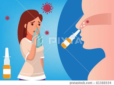 Wash the dirt from the nose. Nasal saline injections, cold and flu season, including coronavirus. Flat style cartoon illustration vector Wash the dirt from the nose. Nasal saline injections, cold and flu season, including coronavirus. Flat style cartoon illustration vector 81389334
