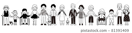 Monochrome illustrations of people with artificial legs, wheelchairs, visually impaired, hearing impaired, people of various races and ages Monochrome illustrations of people with artificial legs, wheelchairs, visually impaired, hearing impaired, people of various races and ages 81391409