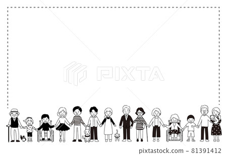 Monochrome illustrations of people with artificial legs, wheelchairs, visually impaired, hearing impaired, people of various races and ages 81391412