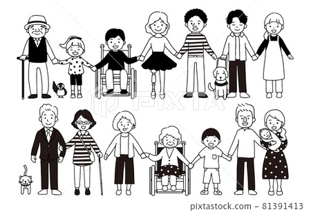 Monochrome illustrations of people with artificial legs, wheelchairs, visually impaired, hearing impaired, people of various races and ages 81391413