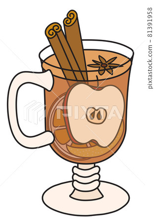 Stylish hand-drawn doodle cartoon style vector illustration. Hot warm winter spiced apple cider toddy grog white mulled wine cocktail in special glass garnished with cinnamon, star anise and orange 81391958