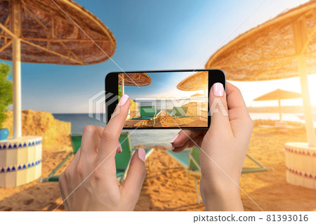 Mobile phone photography of a beach wide view horizontal Mobile phone photography of a beach wide view horizontal 81393016