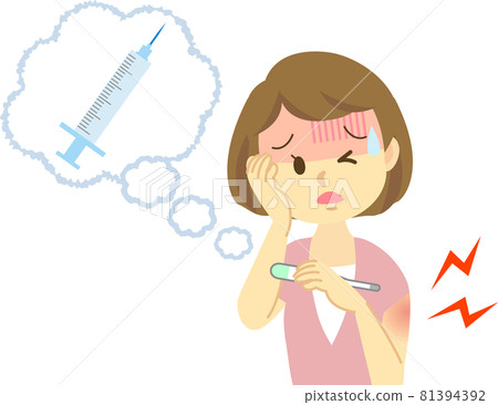 Illustration material: A young woman has a series of side reaction symptoms after injection of new coronavirus vaccination. Fever 81394392