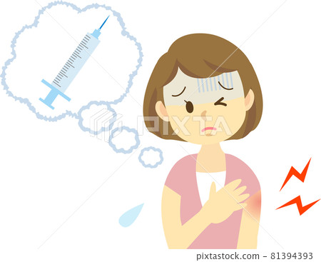 Illustration material: A young woman has a series of adverse reactions after injection of new coronavirus vaccination. Swelling at the inoculation site. 81394393