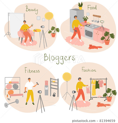 Set of bloggers and vloggers characters making internet content. Peoples creating video for their blog channel. Influencers shooting vlog. Vector cartoon illustration 81394659