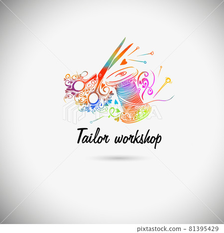 Spool of thread abstract. multicolored Tailor workshop. Mixed media. Vector illustration 81395429