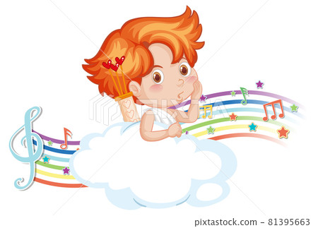 Cupid boy character on the cloud with melody symbols on rainbow Cupid boy character on the cloud with melody symbols on rainbow 81395663