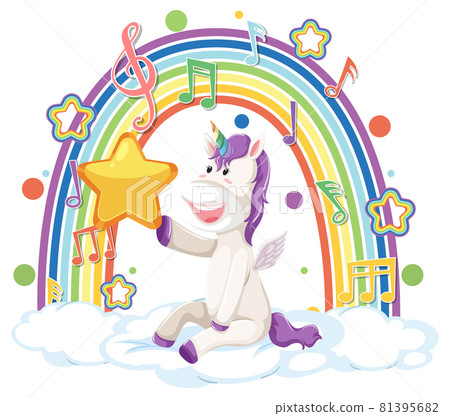 Unicorn sitting on cloud with rainbow and melody symbol 81395682