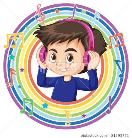 Boy wear headphone in rainbow round frame with melody symbols Boy wear headphone in rainbow round frame with melody symbols 81395771