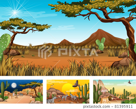 Different desert forest scenes with animals and plants 81395911