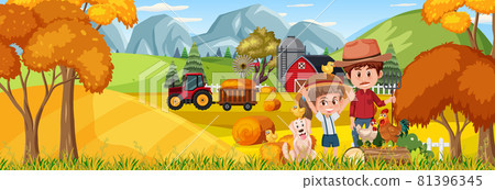 Farm horizontal landscape scene with farmer kids - Stock Illustration ...
