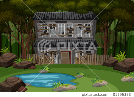 Scene with abandoned house in the dark forest Scene with abandoned house in the dark forest 81396388