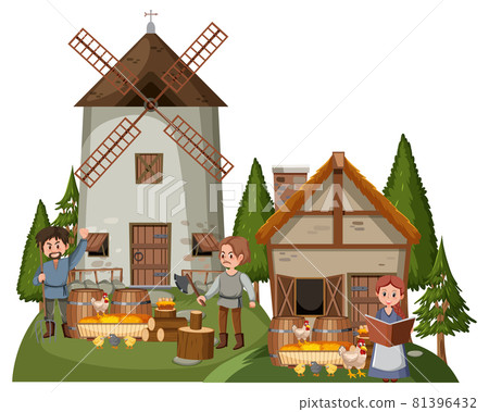 Medieval house with windmill and villagers Medieval house with windmill and villagers 81396432