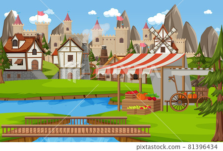 Medieval town scene with castle background 81396434