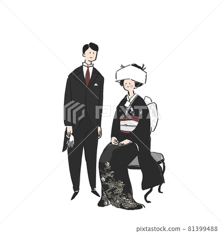 穿新娘服裝的女人和穿黑色領帶的男人、新娘和新郎、和服、和服、婚姻、婚禮、白色背景 穿新娘服裝的女人和穿黑色領帶的男人、新娘和新郎、和服、和服、婚姻、婚禮、白色背景 81399488