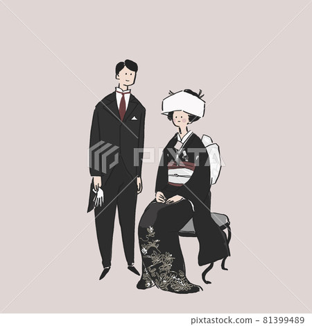 新娘服裝的婦女和黑領帶的人,新娘和新郎,和服,和服,婚姻,婚禮,背景桃子 新娘服裝的婦女和黑領帶的人,新娘和新郎,和服,和服,婚姻,婚禮,背景桃子 81399489