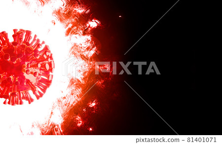 A 3D illustration of a new coronavirus cell that burns violently red on a black background. 81401071