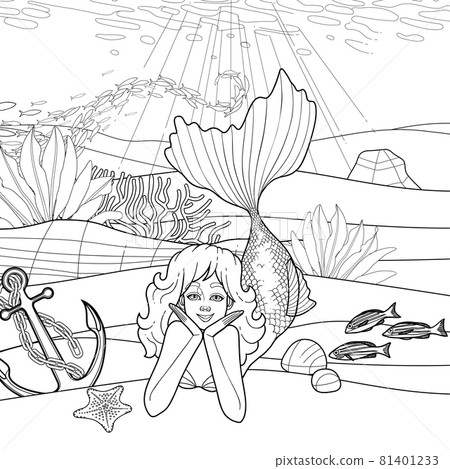 Graphic mermaid lies on the calm sandy ocean bottom among the coral reef plants and creatures Graphic mermaid lies on the calm sandy ocean bottom among the coral reef plants and creatures 81401233