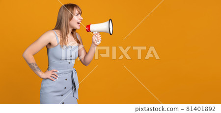 Horizontal portrait of young beautiful girl isolated on yellow studio background. Concept of human emotions, facial expression, youth, sales, ad. Horizontal portrait of young beautiful girl isolated on yellow studio background. Concept of human emotions, facial expression, youth, sales, ad. 81401892