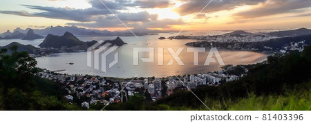 Panoramic of Rio de Janeiro and Guanabara Bay from Niteroi city observatory, Brazil, at sunset Panoramic of Rio de Janeiro and Guanabara Bay from Niteroi city observatory, Brazil, at sunset 81403396