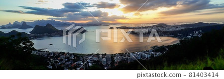 Panoramic of Rio de Janeiro and Guanabara Bay from Niteroi city observatory, Brazil, at sunset Panoramic of Rio de Janeiro and Guanabara Bay from Niteroi city observatory, Brazil, at sunset 81403414