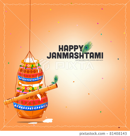 vector illustration of the Indian festival Janmashtami, birth of lord Krishna (Hindu god), butter pots, flute on colorful background vector illustration of the Indian festival Janmashtami, birth of lord Krishna (Hindu god), butter pots, flute on colorful background 81408143