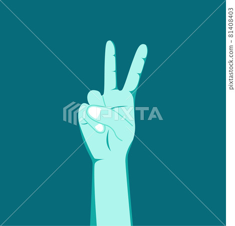 Man hand gesturing peace sign V on blue 81408403