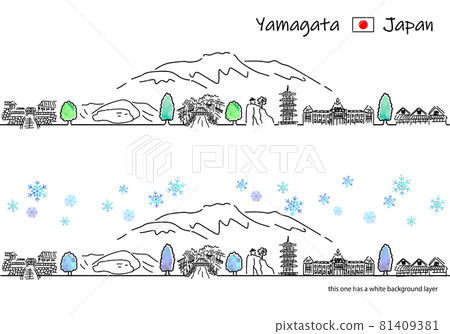 Simple line drawing set of cityscape of sightseeing spots in Yamagata prefecture in winter 81409381