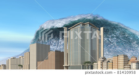 Tsunami wave apocalyptic water view urban flood Storm. 3D illustration 81410958