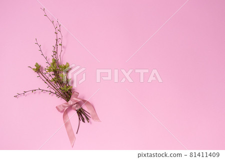 Bouquet from twigs with buds and early leaves. Copy space. Bouquet from twigs with buds and early leaves. Copy space. 81411409